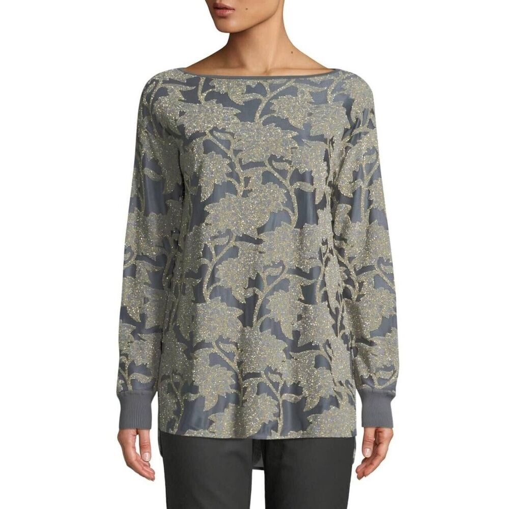 Lafayette 148 New York Tunic Top Phoenix Metallic Mesh Knit Long Sleeve Size XL